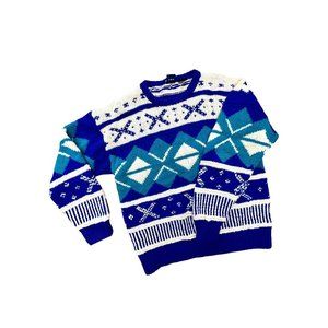 Vintage Ski Sweater, Wool Snowflake Pattern, Knit Nordic Style Pullover, Men's M